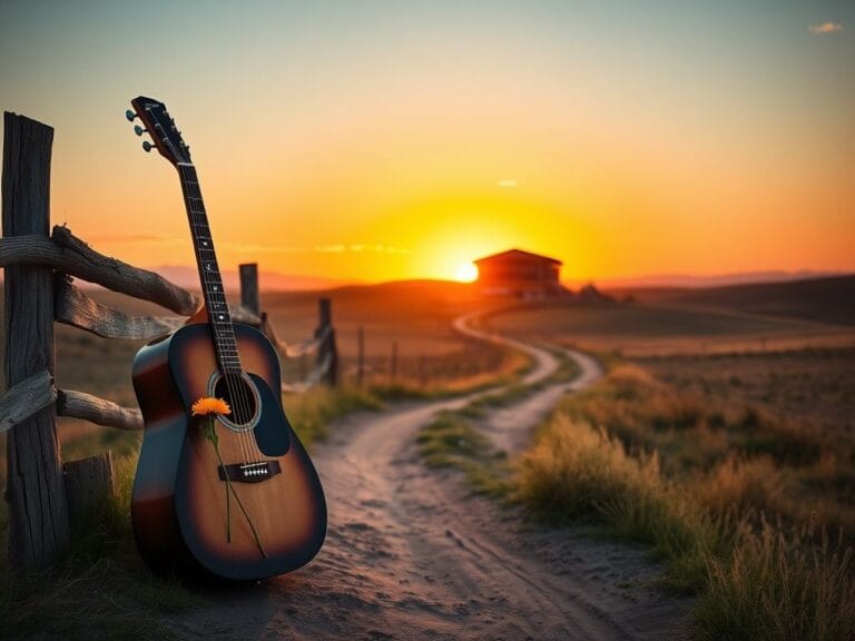 Flick International Winding dirt road leading to a country music venue at sunset with an acoustic guitar and wildflowers in the foreground
