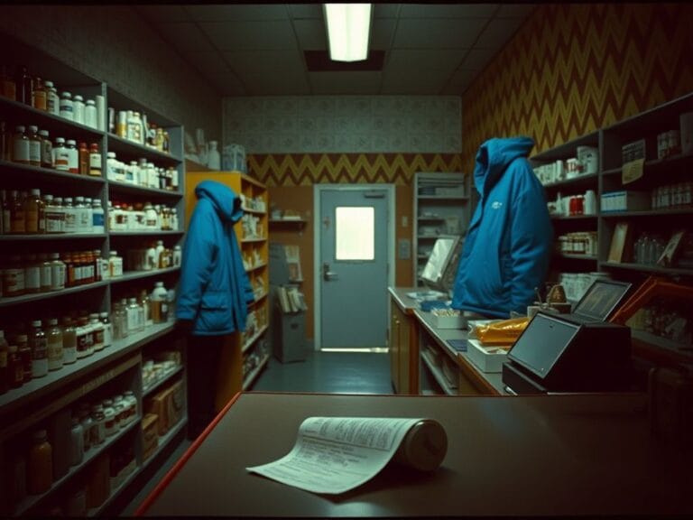 Flick International Vintage pharmacy interior depicting abandonment with a crumpled blue parka and a film receipt