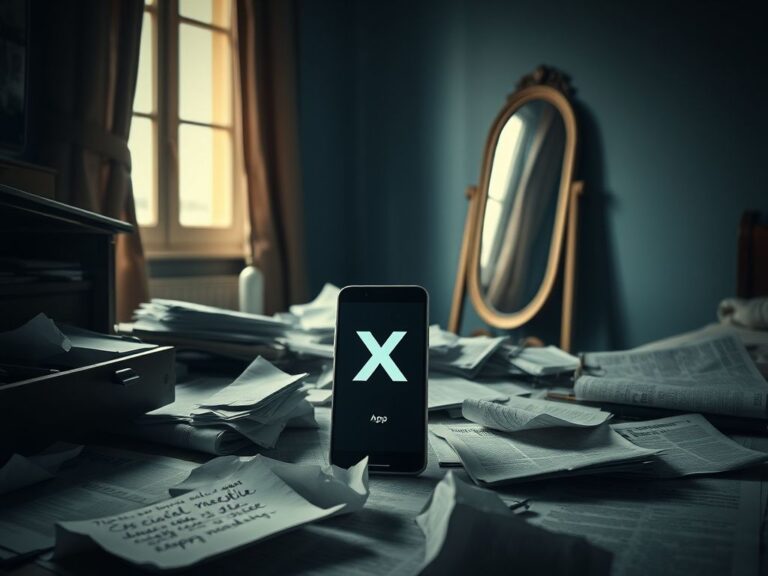 Flick International A dimly lit room with a cluttered desk and a smartphone displaying the darkened X app logo, symbolizing deactivation.