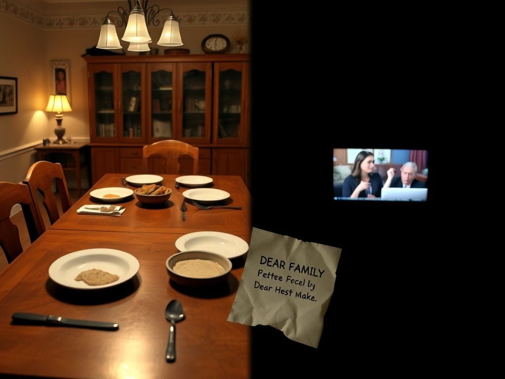 Flick International A split scene depicting a cozy family dining room symbolizing strained relationships contrasted with an isolated dimly lit corner representing emotional division.