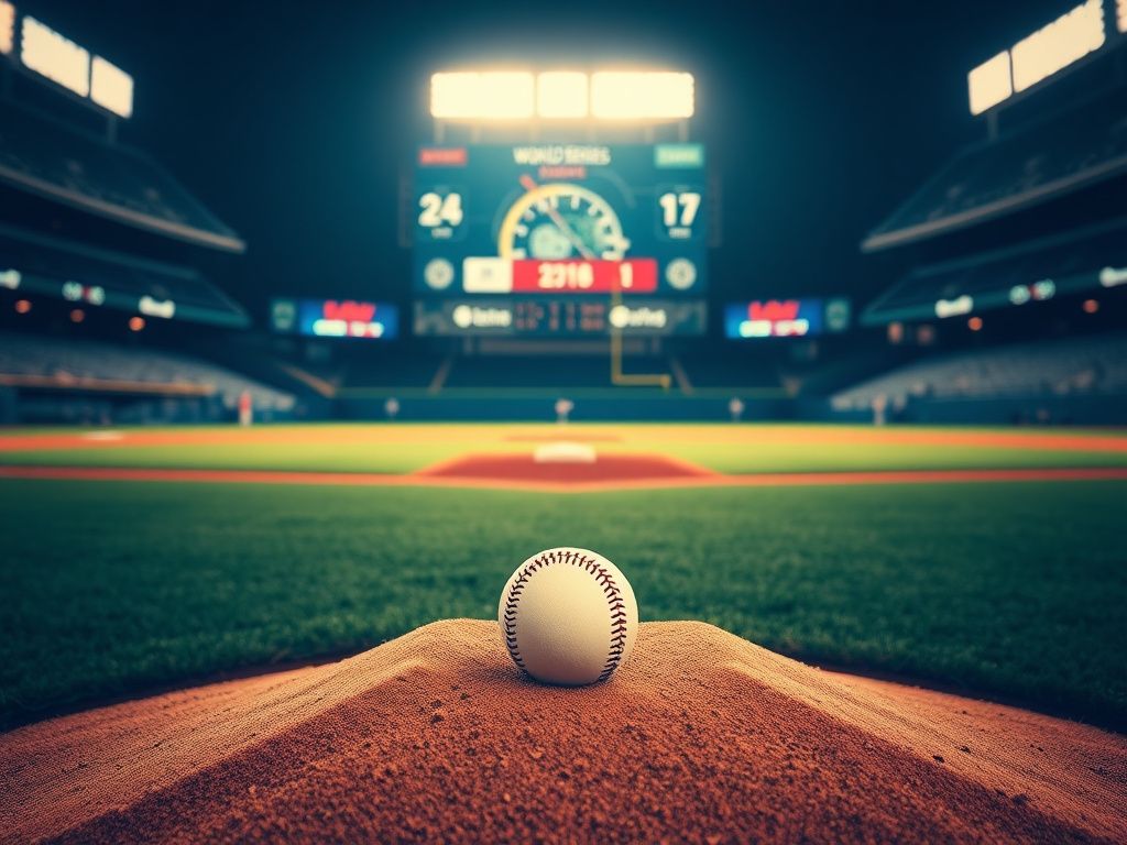 Flick International A baseball diamond with a pitcher's mound and a lone baseball on the grass beneath stadium lights