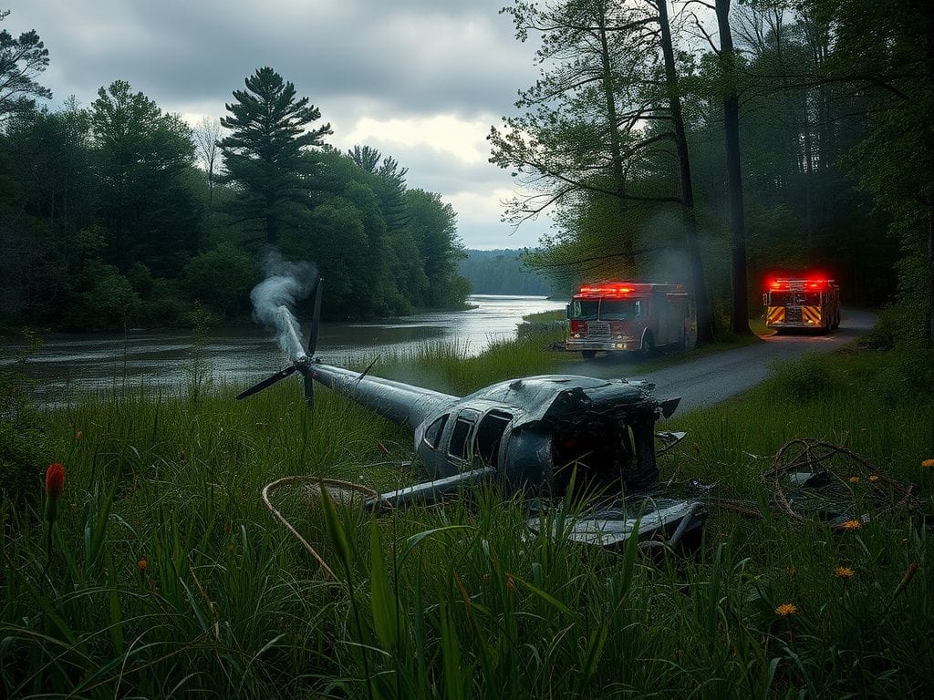 Flick International Aftermath of a LifeFlight helicopter crash in Tennessee showcasing debris in a wooded area