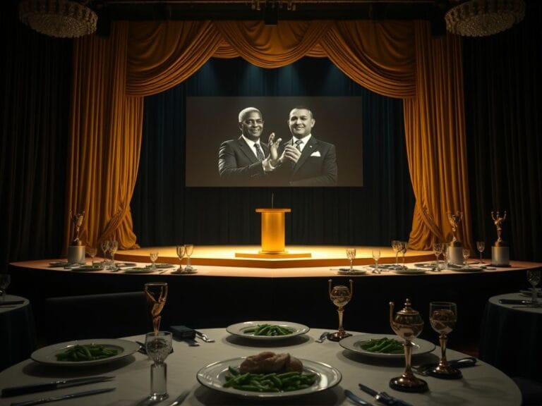 Flick International Stage setting at an award show with an empty podium and untouched banquet plates