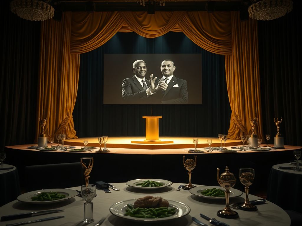 Flick International Stage setting at an award show with an empty podium and untouched banquet plates