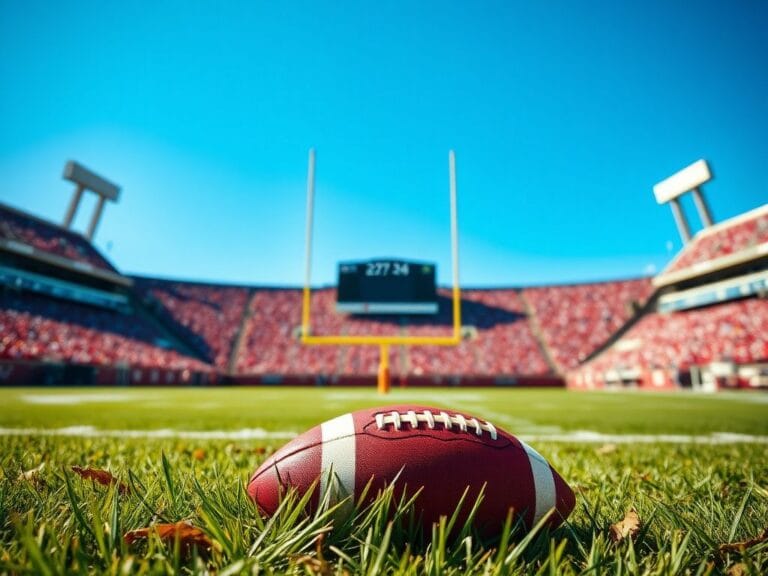 Flick International Indiana football game moment with a football in the foreground and fans cheering in the background