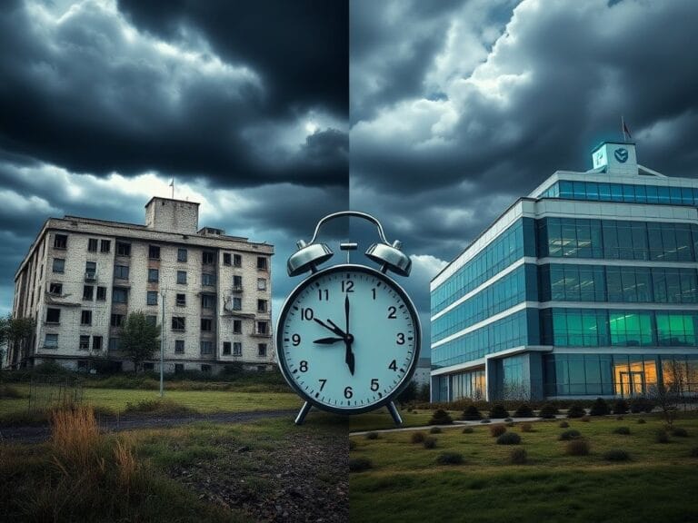 Flick International A dramatic split landscape illustrating the healthcare policy divide, featuring an outdated hospital and a modern healthcare facility.