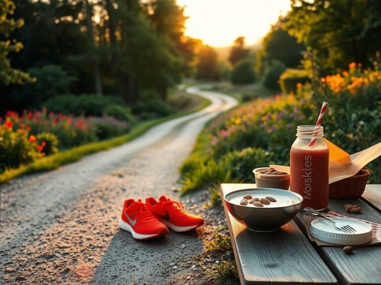 Flick International A serene early morning landscape with a winding trail, bright red running shoes, and a healthy breakfast spread