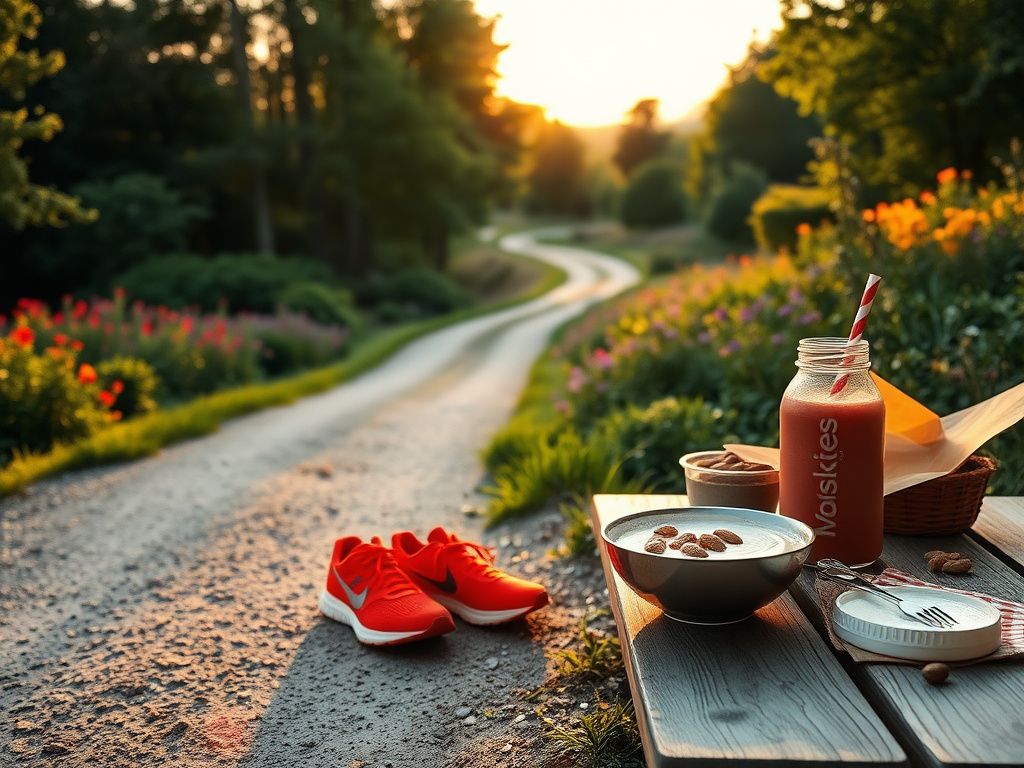 Flick International A serene early morning landscape with a winding trail, bright red running shoes, and a healthy breakfast spread