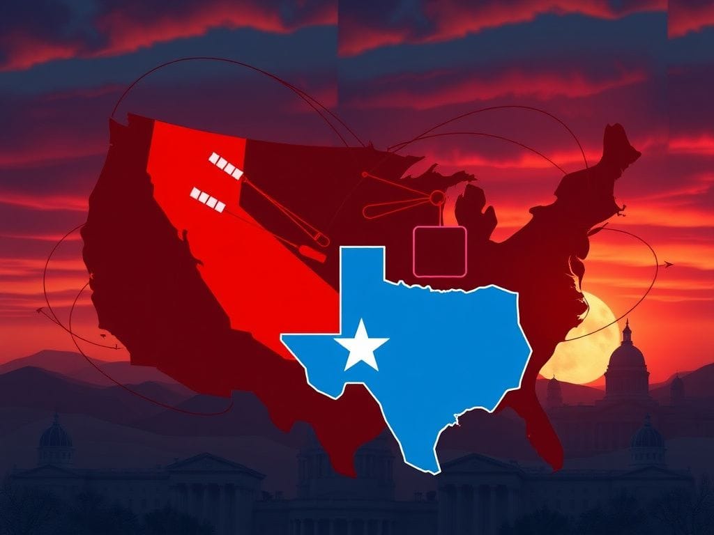 Flick International Stylized map of the United States highlighting California and Texas in red and blue, symbolizing the redistricting battle.
