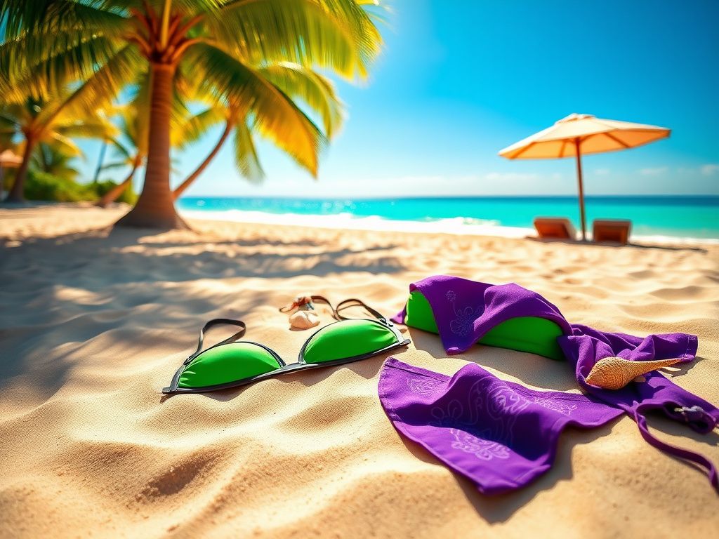 Flick International Stunning beach scene featuring green-and-black bikinis on a sandy shore with turquoise ocean in the background