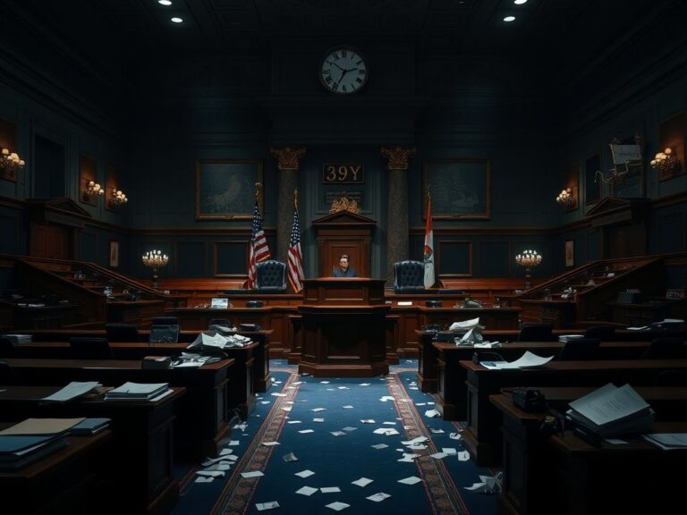 Flick International Dimly lit empty Congressional chamber with cluttered desks and scattered papers