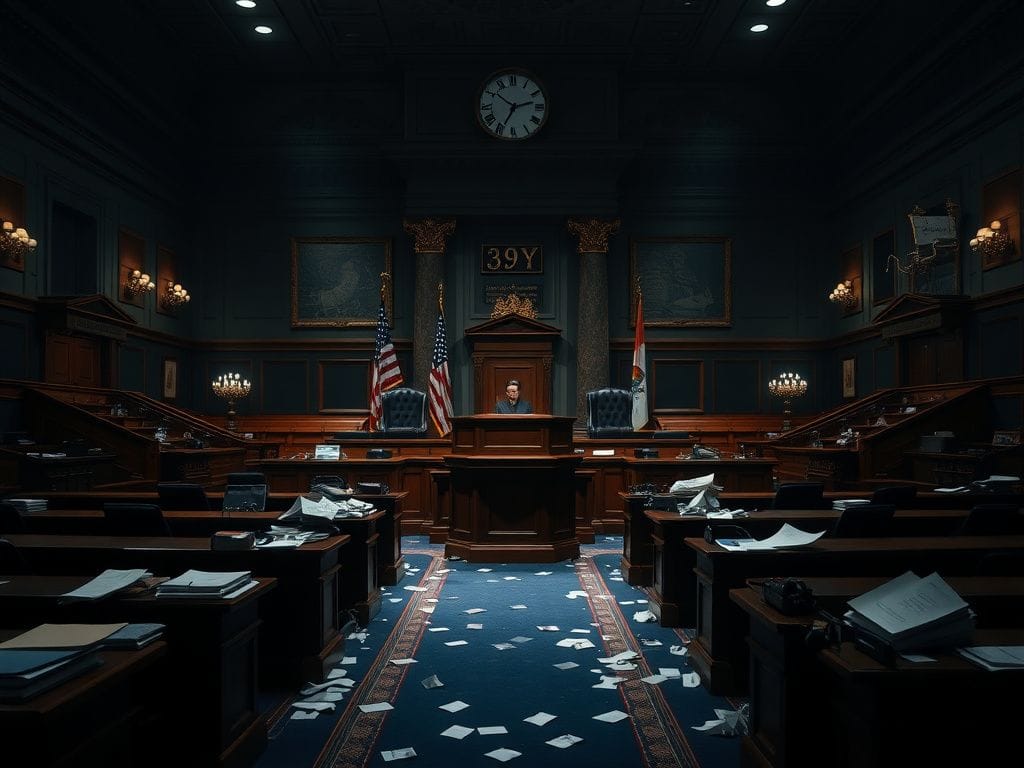 Flick International Dimly lit empty Congressional chamber with cluttered desks and scattered papers