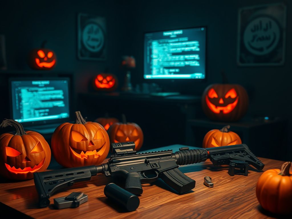 Flick International dark Halloween night scene with tactical items and ominous shadows