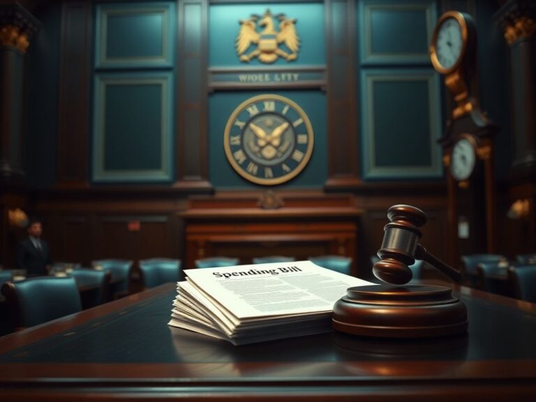 Flick International A dimly lit Senate chamber with a focus on a wooden desk and a stack of documents labeled 'Spending Bill'