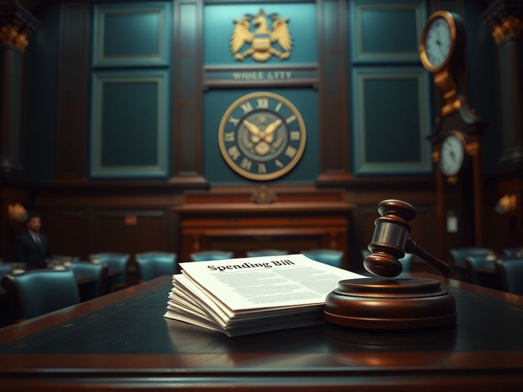 Flick International A dimly lit Senate chamber with a focus on a wooden desk and a stack of documents labeled 'Spending Bill'