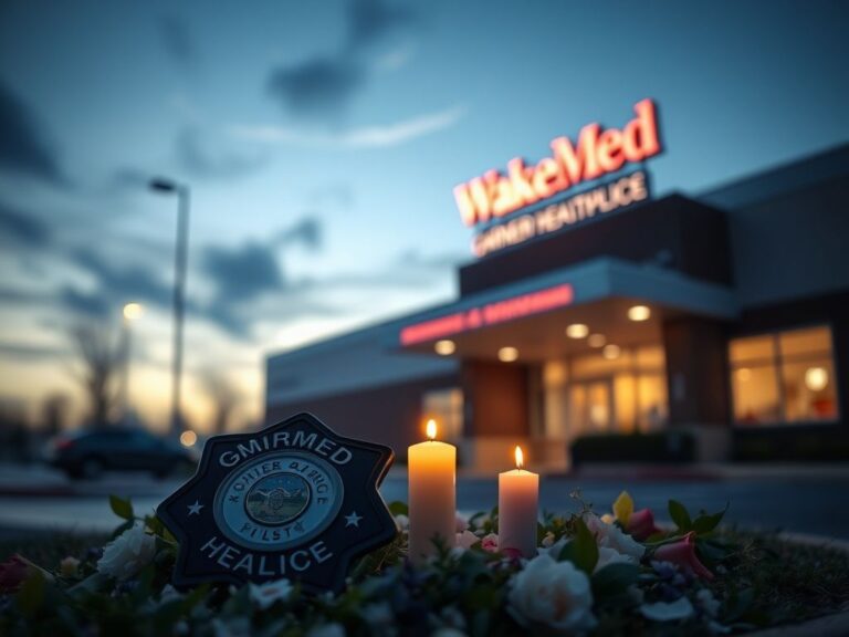 Flick International Police badge on flowers outside North Carolina emergency room