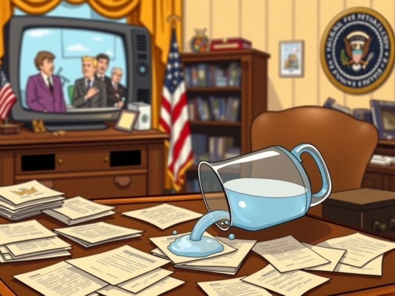 Flick International Cartoon-style depiction of an iconic Oval Office with a cluttered desk and a tipped pitcher