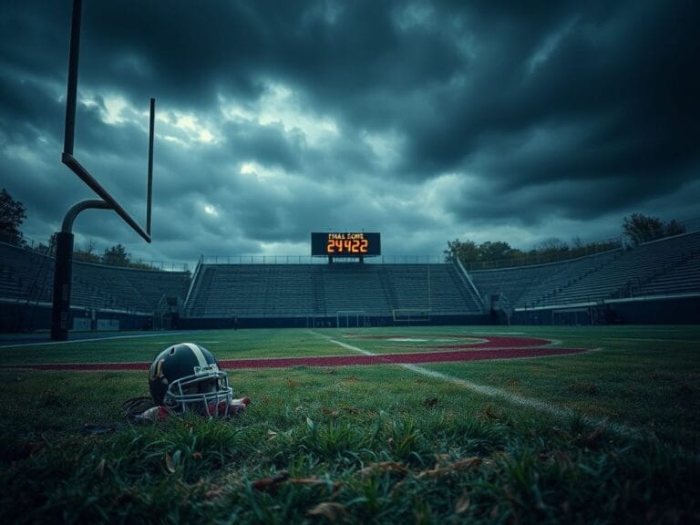 Flick International Football field in disarray after a tough loss shows worn-out goalposts and stormy clouds overhead