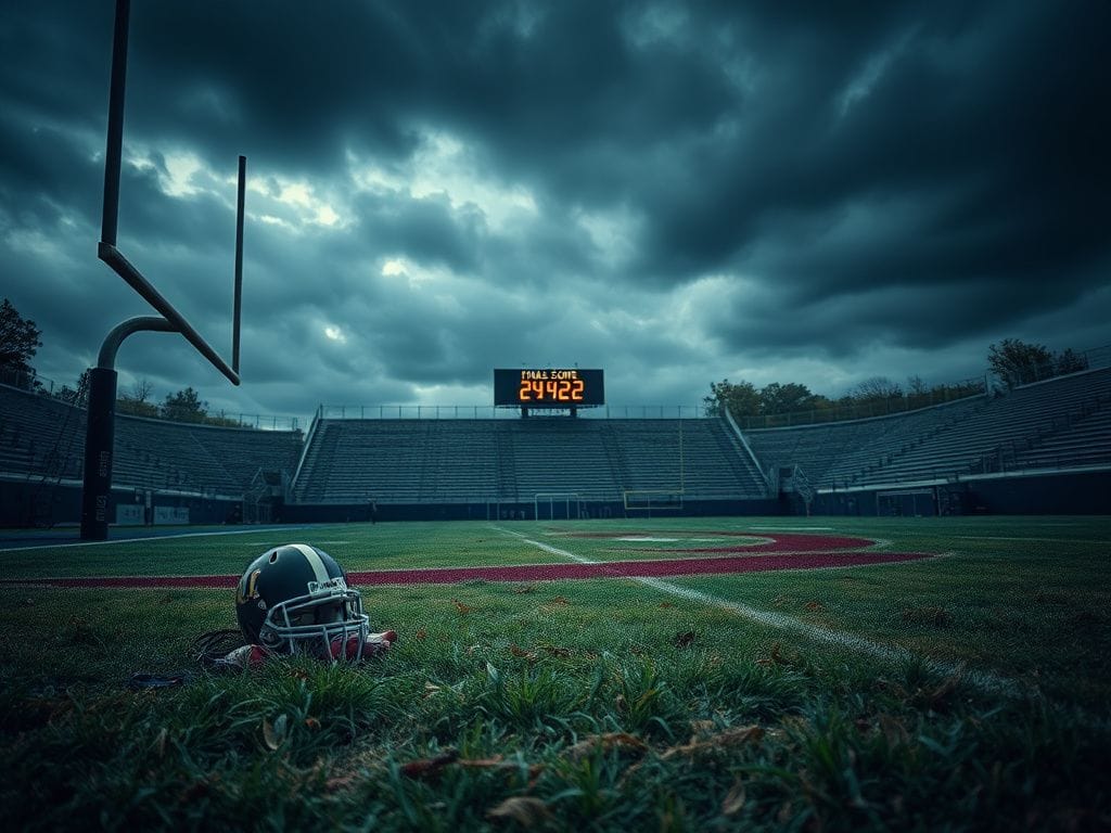 Flick International Football field in disarray after a tough loss shows worn-out goalposts and stormy clouds overhead