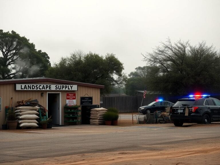 Flick International Serene landscape supply business exterior in San Antonio, Texas, with police car silhouette in the background