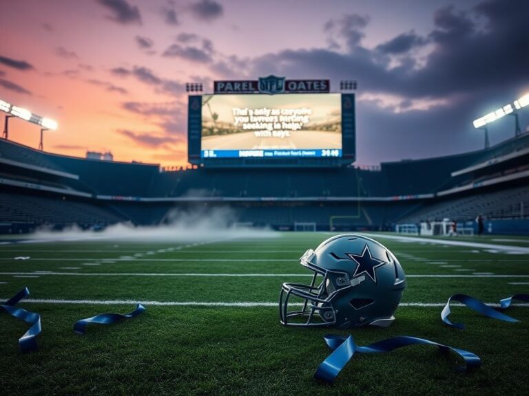 Flick International A Dallas Cowboys helmet rests on the 50-yard line of an NFL stadium during dusk, surrounded by ribbons and illuminated by floodlights