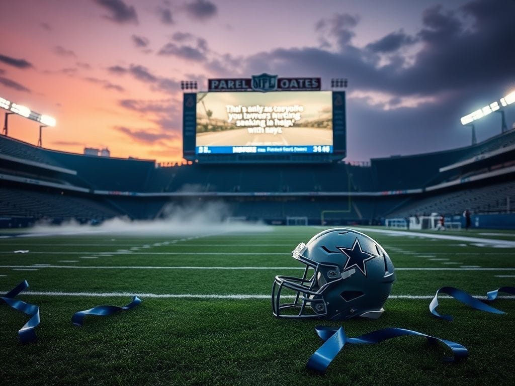 Flick International A Dallas Cowboys helmet rests on the 50-yard line of an NFL stadium during dusk, surrounded by ribbons and illuminated by floodlights