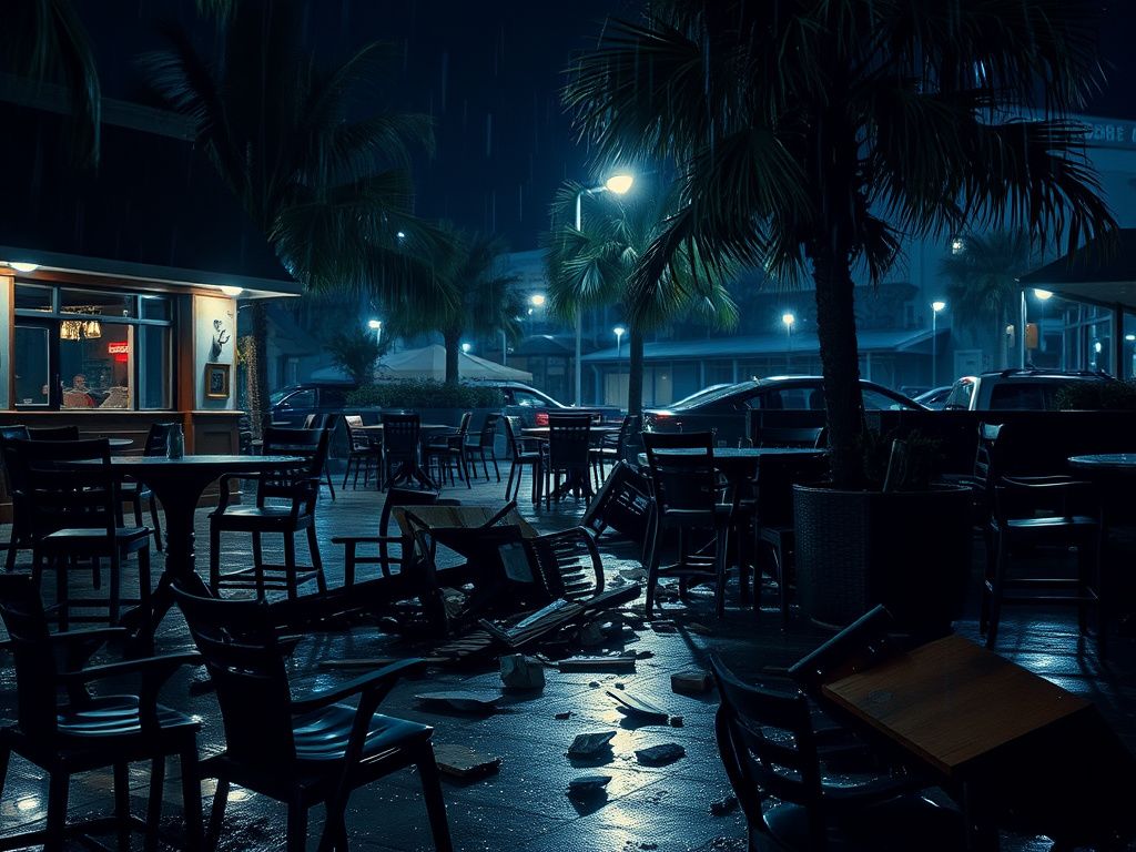 Flick International Dimly lit outdoor bar patio in Ybor City showing overturned tables and debris after a car crash