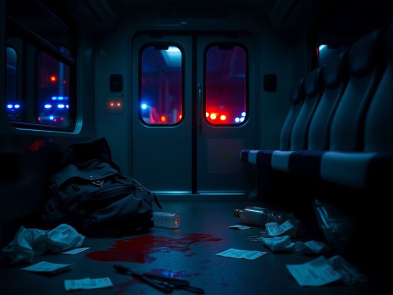 Flick International Interior view of a train carriage after a stabbing incident, showing scattered belongings and signs of chaos