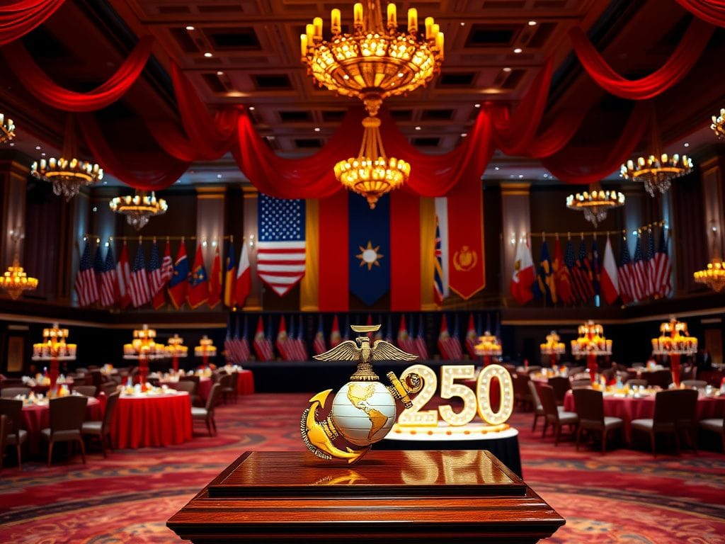 Flick International A grand ballroom celebrating the Marine Corps' 250th birthday with military insignia and elegant decorations
