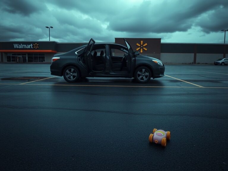 Flick International Empty vehicle with door ajar in a Walmart parking lot, suggesting tension during a custody exchange