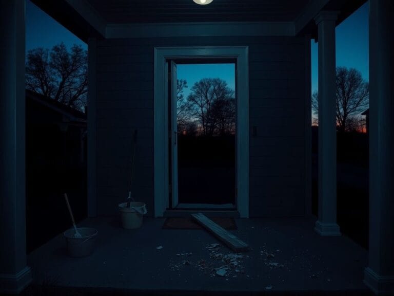 Flick International Quiet suburban home in Whitestown, Indiana, with scattered cleaning supplies and a shattered front door