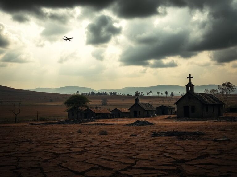 Flick International A desolate landscape in Nigeria's rural north, showcasing burnt-out houses and charred churches symbolizing violence against Christians.