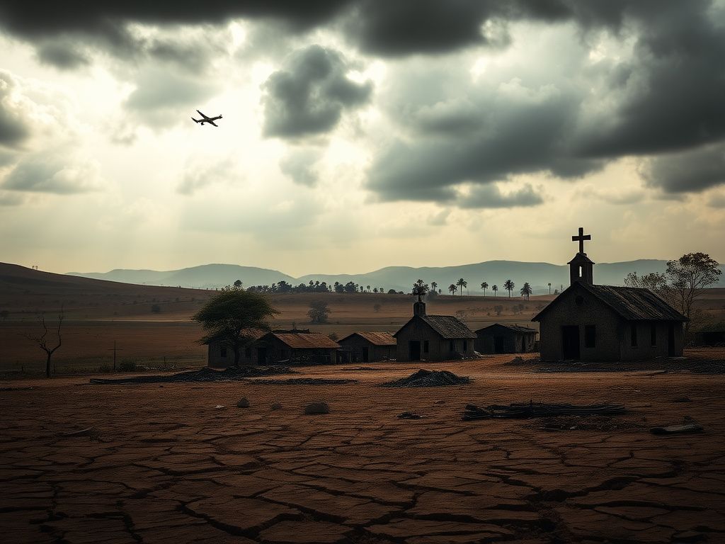 Flick International A desolate landscape in Nigeria's rural north, showcasing burnt-out houses and charred churches symbolizing violence against Christians.