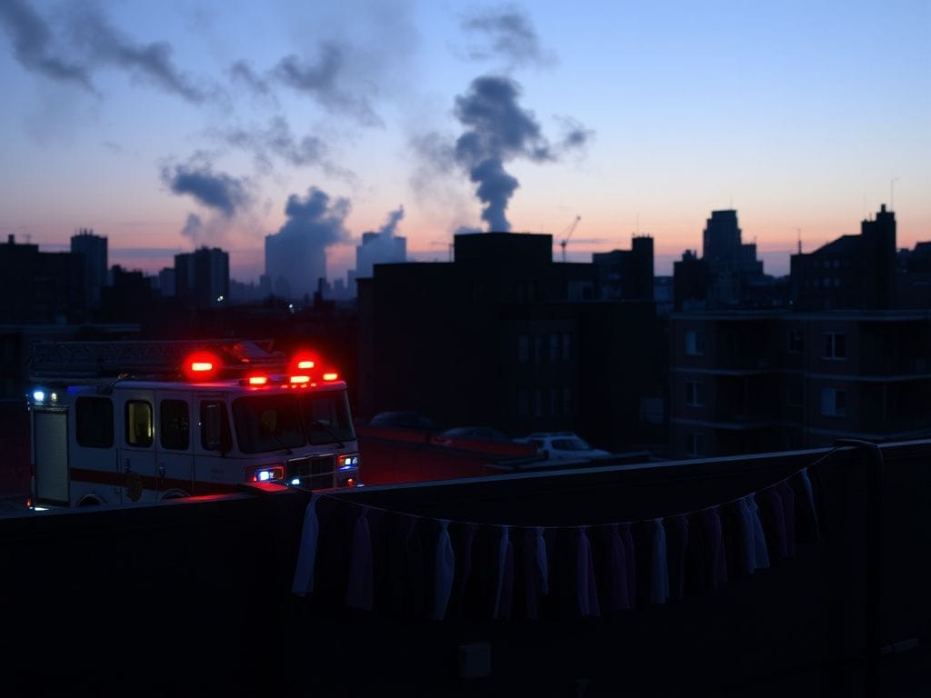 Flick International Silhouette of a fire truck on a Brooklyn rooftop at dusk, with gray smoke rising