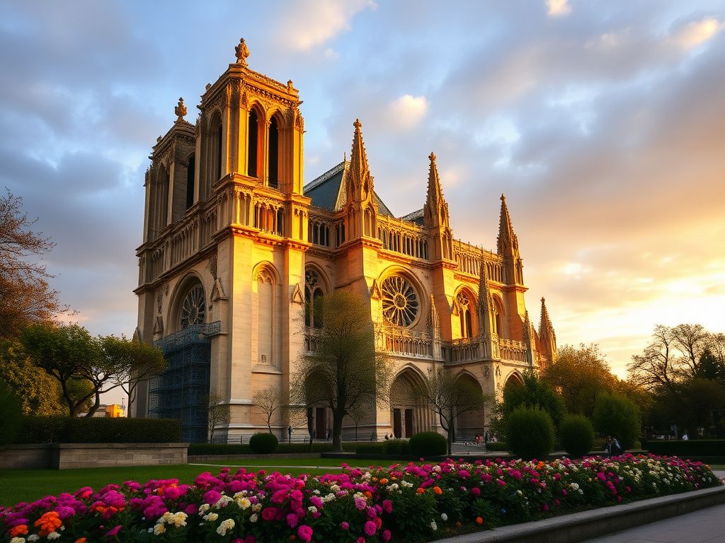 Flick International A stunning view of Notre Dame Cathedral at sunset, highlighting its architectural beauty and vibrant surroundings.