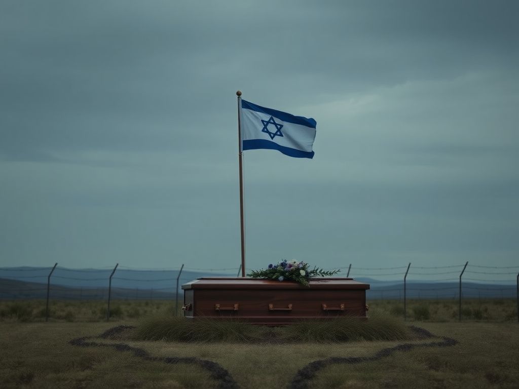 Flick International A solitary Israeli flag waving above a wooden coffin surrounded by floral arrangements in a tranquil landscape.