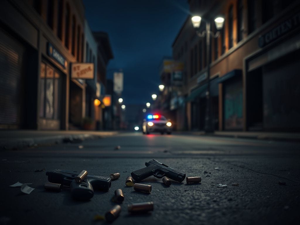 Flick International Empty street in Omaha’s Old Market illuminated by streetlights with litter and a gun on the ground