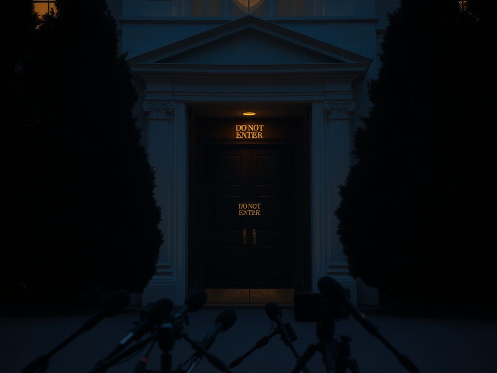 Flick International Close-up view of the West Wing entrance with heavy wooden door and 'Do Not Enter' sign