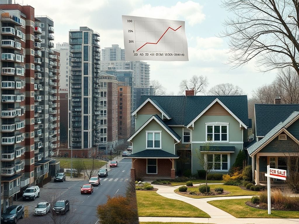 Flick International A split scene showing a bustling urban area with high-rise apartments and a cozy suburban neighborhood with single-family homes