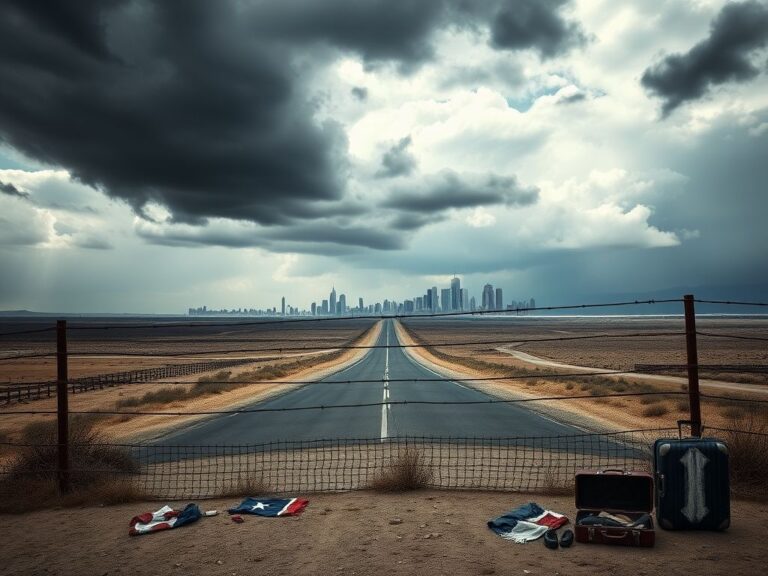 Flick International A desolate border crossing landscape with a rusty barbed-wire fence and abandoned belongings symbolizing immigration challenges