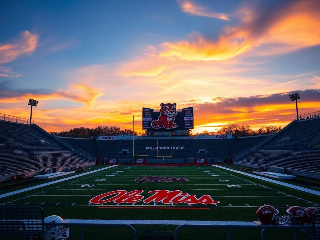 Flick International Dramatic sunset over an empty college football stadium with Ole Miss logo on the field
