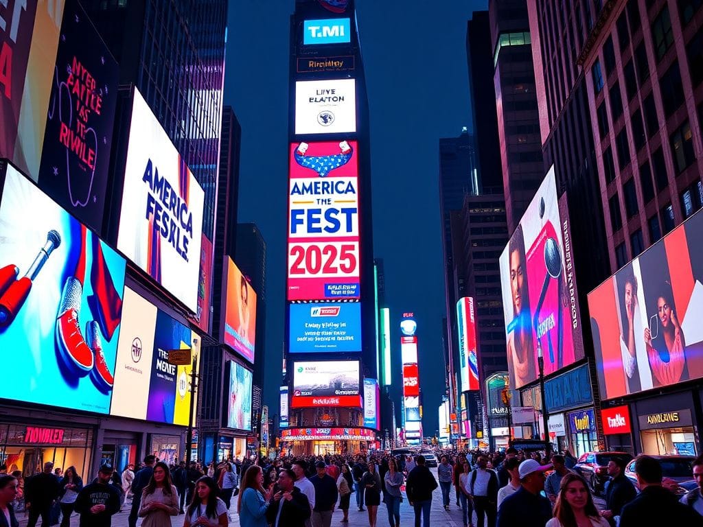 Flick International Vibrant Times Square at night showcasing AmericaFest 2025 ad