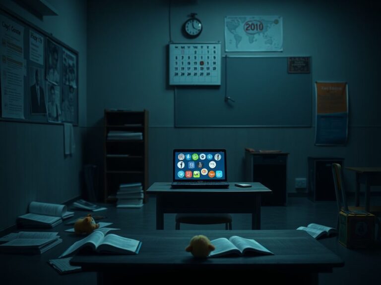 Flick International A somber school classroom representing lost innocence and online communication