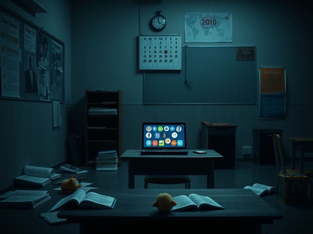 Flick International A somber school classroom representing lost innocence and online communication