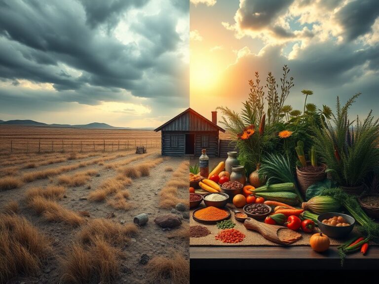 Flick International A dramatic visual representation of cultural contrasts depicting an empty, divided landscape with barren terrain on one side and a vibrant immigrant culture on the other.