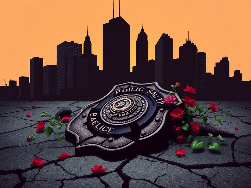Flick International Silhouette of New York City skyline with abstract police badge on cracked pavement symbolizing public safety debates