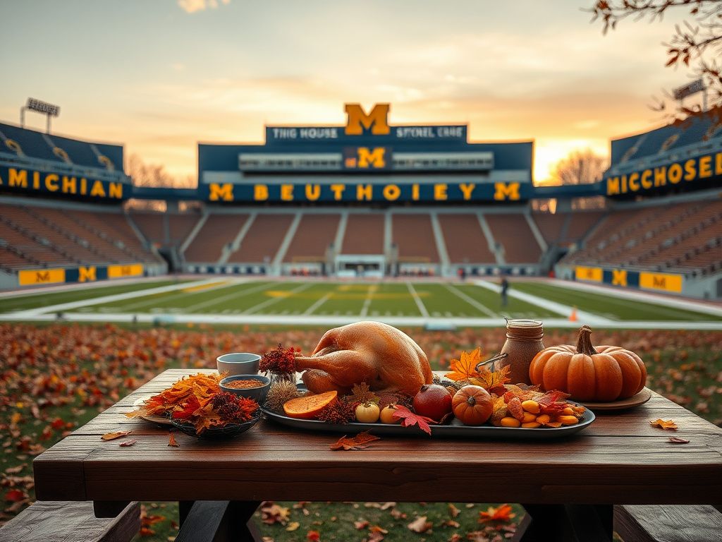 Flick International A beautifully arranged Thanksgiving feast set against the serene backdrop of Michigan's Big House stadium.