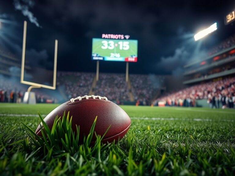 Flick International Football resting on vibrant green turf under stadium lights during a Patriots game