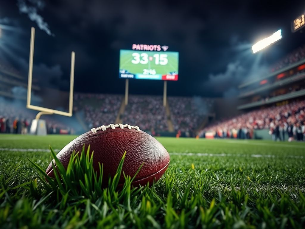Flick International Football resting on vibrant green turf under stadium lights during a Patriots game