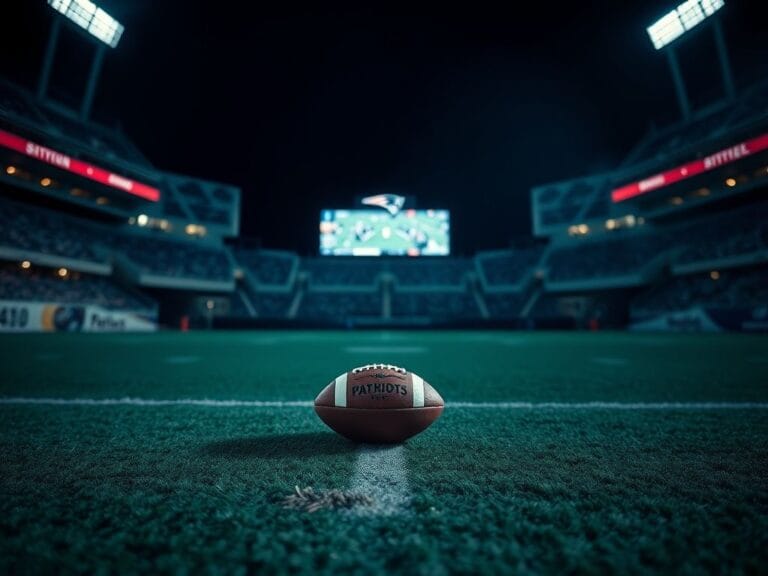 Flick International Close-up of an empty football field at night with a lone football and kicking tee